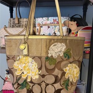 Coach Gold and Brown Signature Floral Appliqué Tote